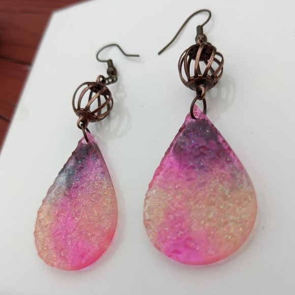 Sparkly Druzy Earrings Handmade Resin Glitter Cute Dangly Brass Unique Festival - Picture 9 of 10